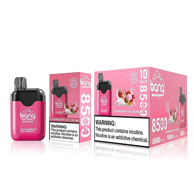 Rosa "Bang DE 8500" Einweg-Vape-Box und Gerät mit der Geschmacksrichtung "Strawberry Ice Cream", mit Warnhinweisen zur Nikotinabhängigkeit.