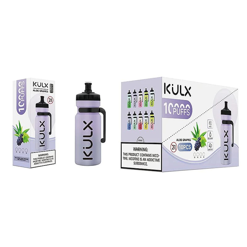 A purple and black vape device labeled "KULX" with "10000 puffs" and "Aloe Grapes" flavor, displayed next to its packaging and a larger box featuring multiple flavor options.