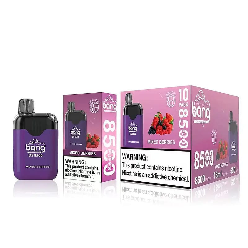 Einwegverpackung eines Vape-Geräts mit der Aufschrift "Bang DE 8500" in der Geschmacksrichtung "Mixed Berries" und Warnhinweisen zur Nikotinsucht.