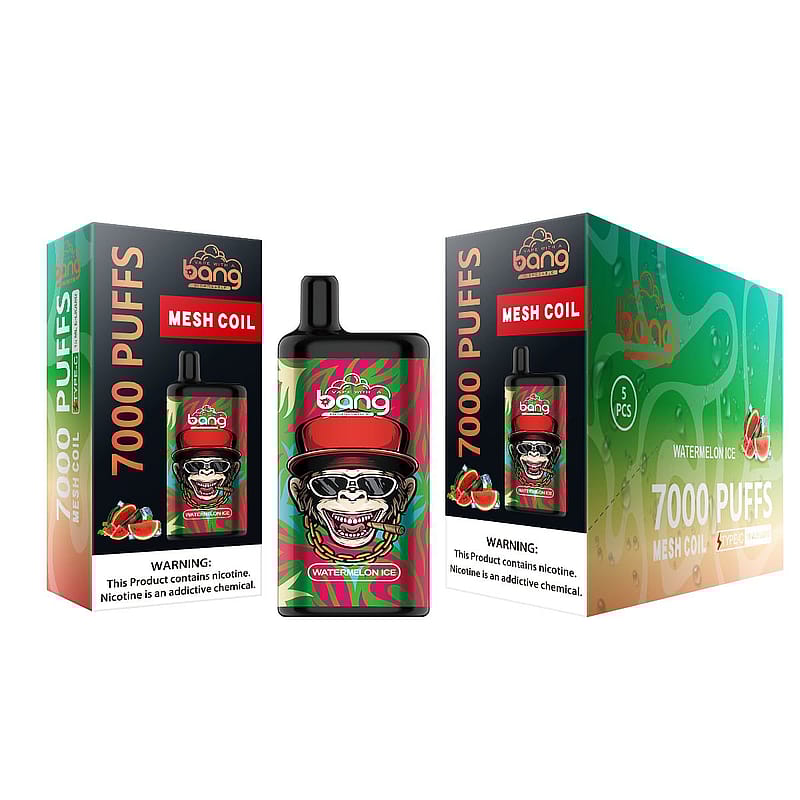 Confezione del dispositivo da svapo Bang usa e getta con 7000 puff e aroma di anguria ghiacciata, caratterizzata da un design con una scimmia con occhiali da sole e cappello rosso.