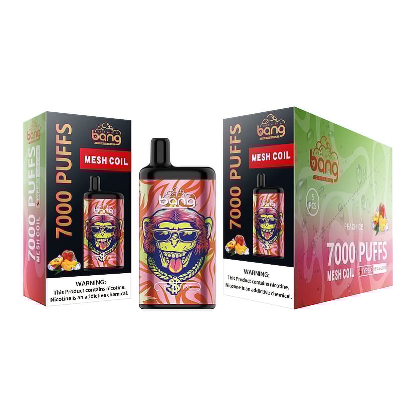 Confezione e dispositivo di svapo monouso per Bang Mesh Coil da 7000 puff, con un design colorato a forma di scimmia e un'etichetta di avvertimento sulla nicotina.