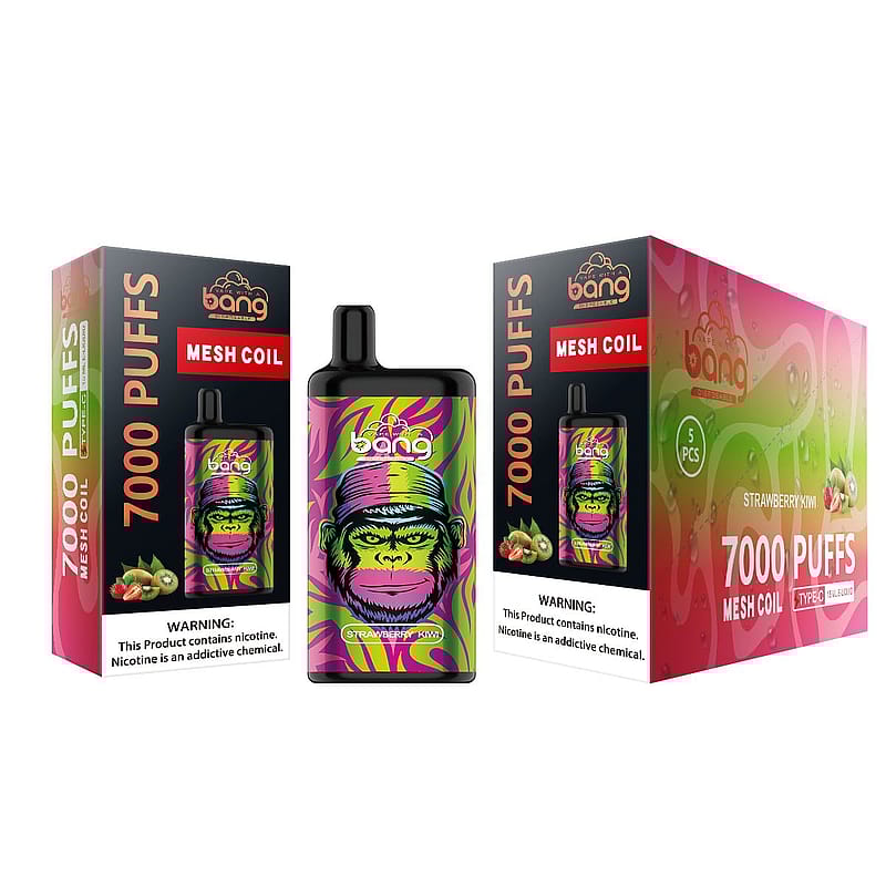 Confezione per Bang vape monouso da 7000 puff al gusto di fragola e kiwi, con un colorato disegno di gorilla.