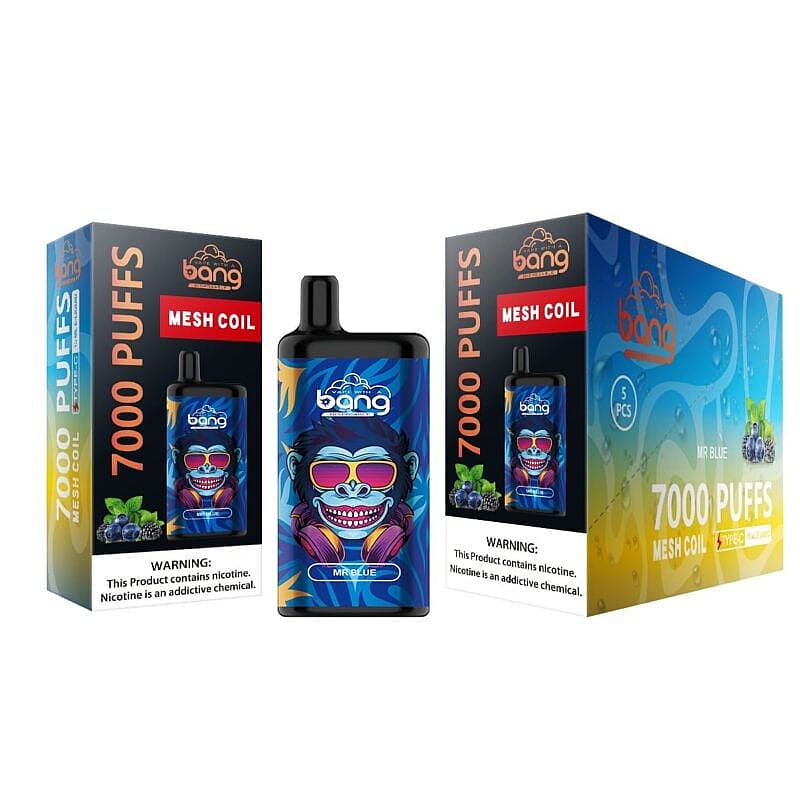 Knalliges Einweggerät mit einem bunten Gorilla-Design auf der Verpackung, mit der Aufschrift "7000 PUFFS" und "Mesh Coil" sowie einer Nikotinwarnung am unteren Rand.