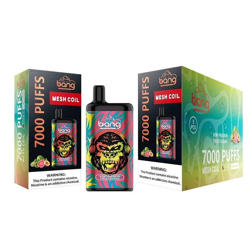 Einweg-Vaporizer und Verpackung für Bang Mesh Coil Kiwi Passion Fruit Guava, mit 7.000 Zügen.