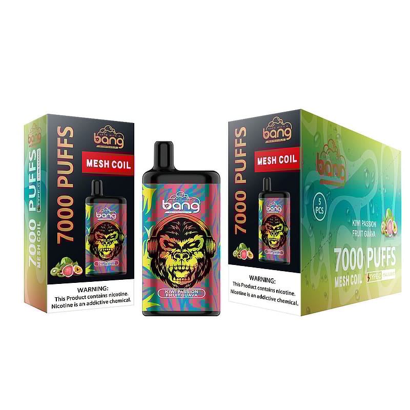 Dispositivo di svapo monouso e confezione per Bang Mesh Coil Kiwi Passion Fruit Guava, che offre 7.000 boccate.