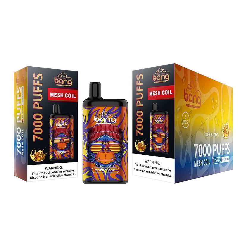Confezione monouso Bang per il gusto "Sangue di tigre", con immagini colorate di un animale che indossa occhiali da sole e un cappello a maglia, con etichette che indicano "7000 PUFFS" e "MESH COIL".