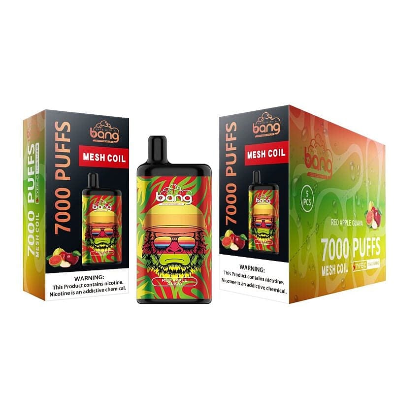 Bang Einweg-Vape-Verpackung mit 7000 mesh coil puffs. Das Bild zeigt zwei Schachteln und ein Gerät mit bunten Grafiken und einem "Red Apple Guava"-Geschmack. Warnung: "Dieses Produkt enthält Nikotin. Nikotin ist eine süchtig machende Chemikalie".