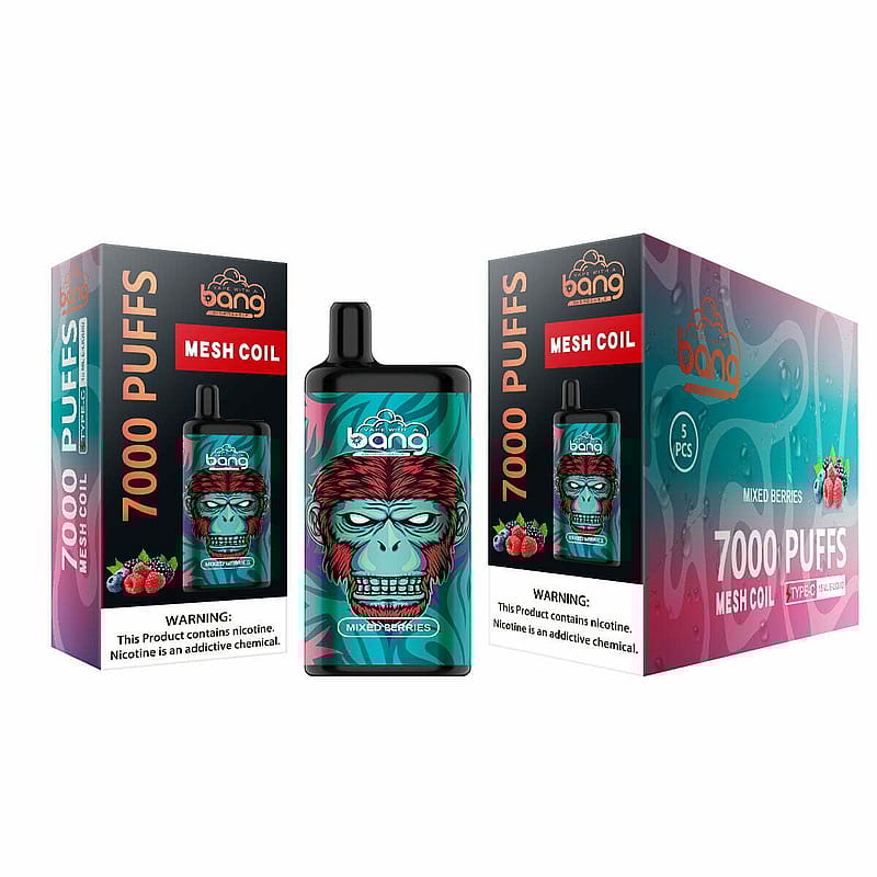 Scatola da svapo monouso Bang con 7000 puff, coil a rete e aroma di frutti di bosco, con una faccia di gorilla illustrata sulla confezione. Etichetta di avvertenza sul contenuto di nicotina.