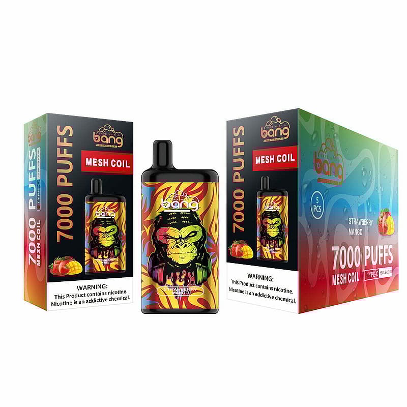 Confezione e dispositivo di svapo per Bang vape monouso con capacità di 7000 puff, con un colorato disegno illustrato di un gorilla. Il gusto indicato è fragola e mango. L'avvertenza sulla dipendenza da nicotina è presente sul fondo della confezione.