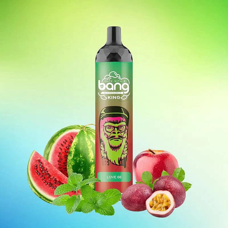A vape pen labeled "Bang King" with a colorful design, surrounded by watermelon, mint leaves, a red apple, and passion fruits on a gradient green to blue background.
