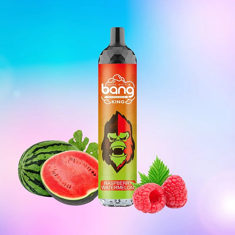 Bang King disposable vape pen with raspberry watermelon flavor on a colorful background, featuring images of a watermelon and raspberries.
