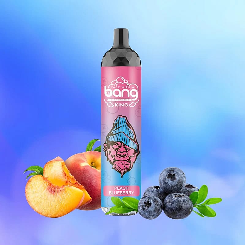 Disposable vape with "Bang" branding in front of peach and blueberry fruits, labeled "Peach Blueberry" flavor.