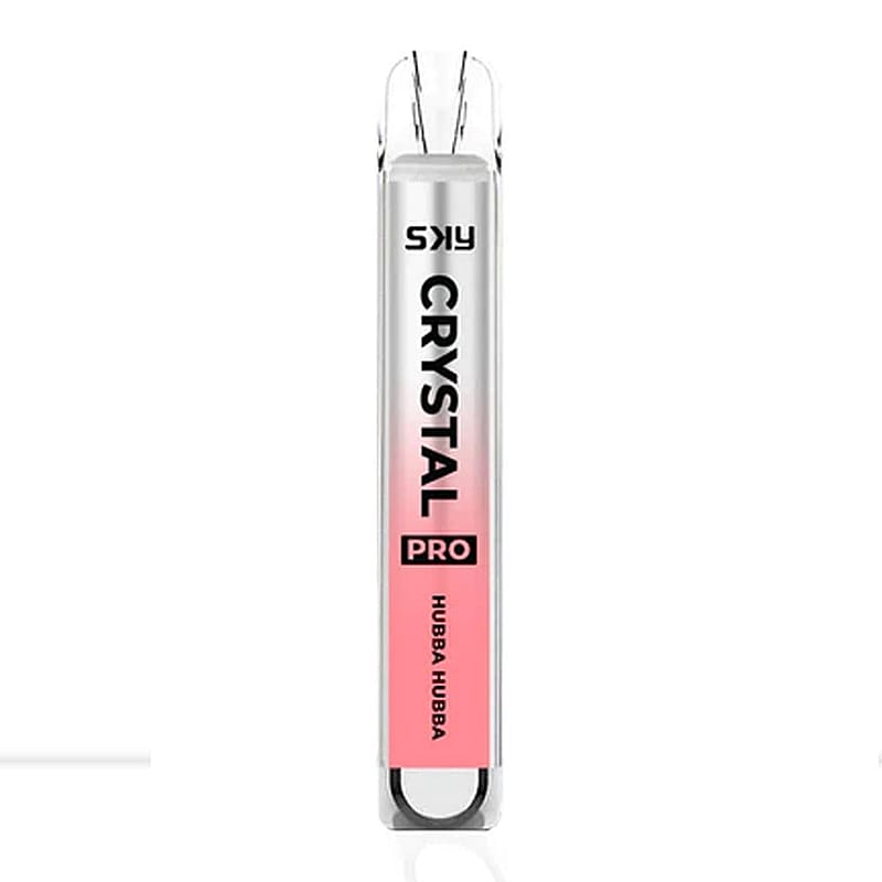 Un elegante vaporizzatore monouso di colore argento e rosa, etichettato "SKY Crystal Pro", con aroma "Hubba Hubba".