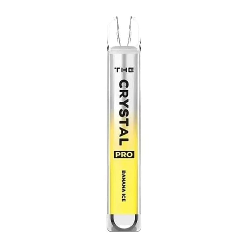 Penna monouso etichettata "THE CRYSTAL PRO" con aroma "BANANA ICE", caratterizzata da un design giallo sfumato.