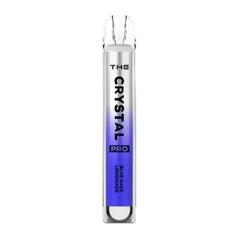Penna monouso denominata "THE CRYSTAL PRO" al gusto "Blue Razz Lemonade", con design blu sfumato.