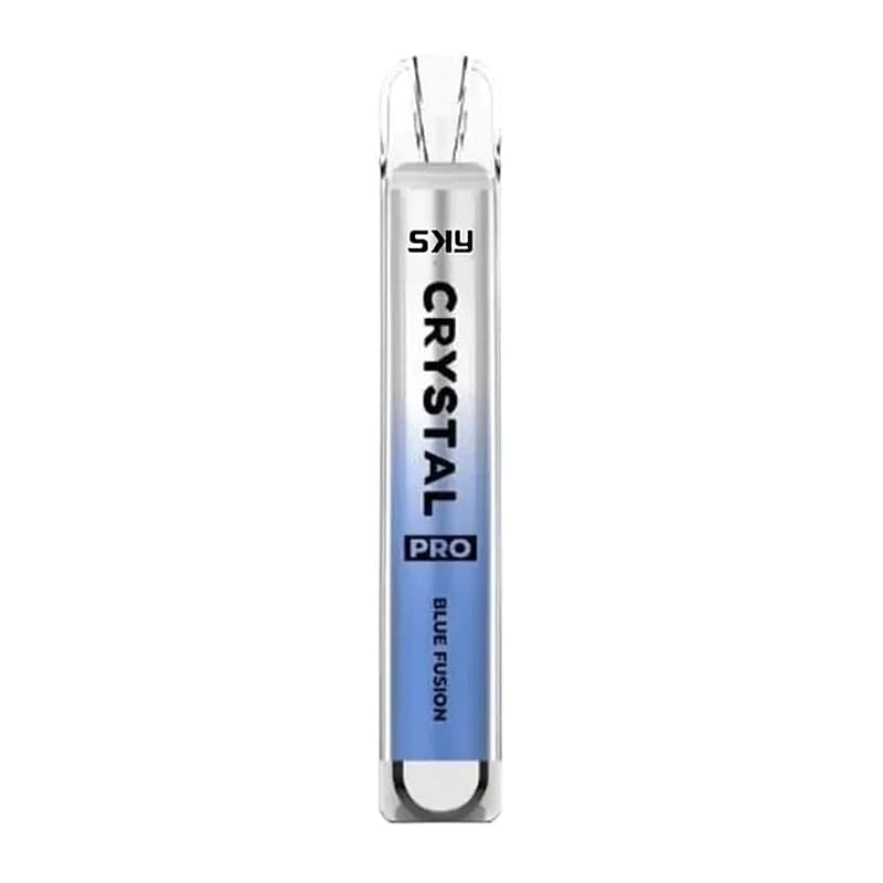 Un dispositivo da svapo elegante e trasparente, denominato "SKY Crystal Pro" con aroma "Blue Fusion".