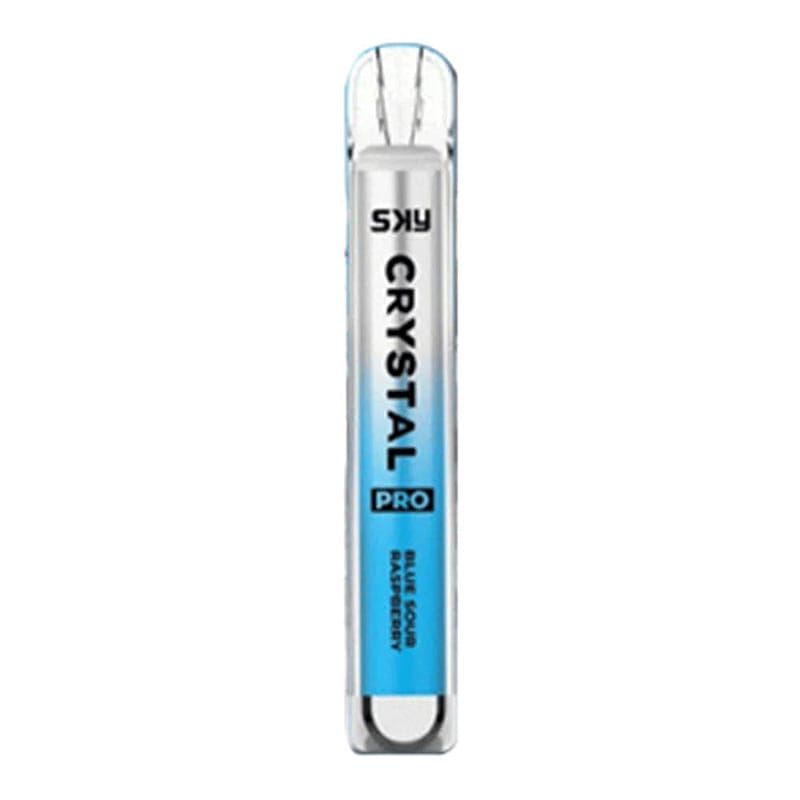 Una penna monouso denominata "Sky Crystal Pro" con design blu sfumato e aroma "Blue Sour Raspberry".