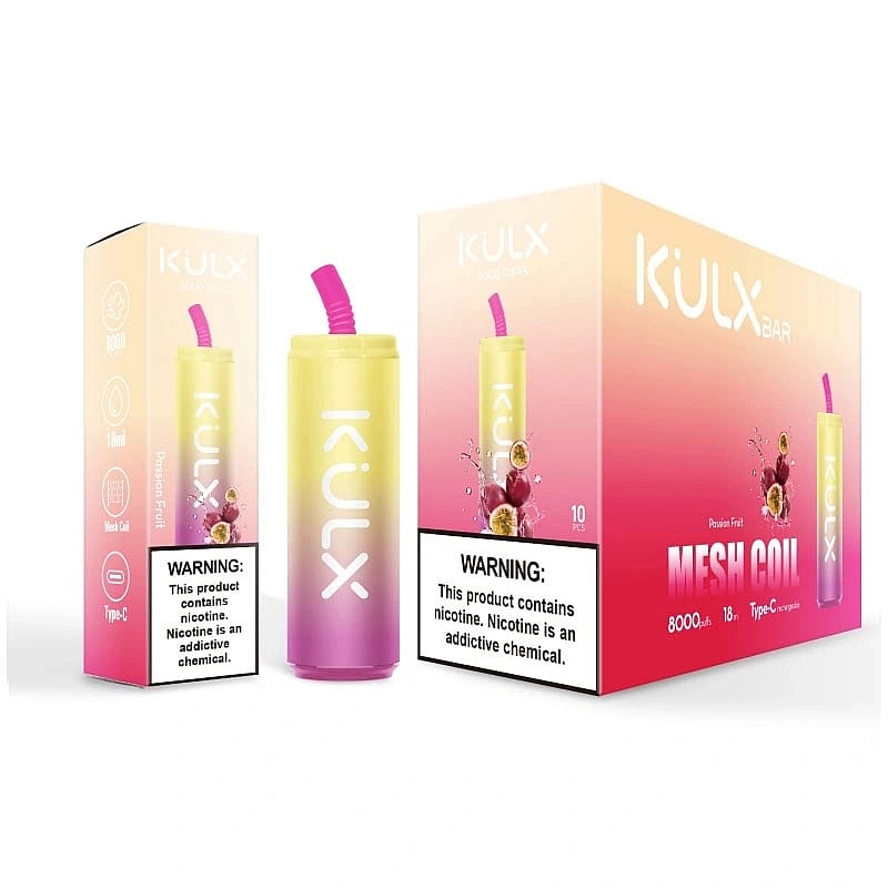 Envase desechable para vapear KULX Bar con un diseño degradado, etiquetado Passion Fruit, con una advertencia sobre la nicotina.
