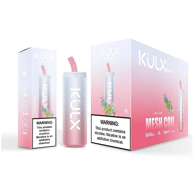 Envase del vaporizador desechable KULX BAR sabor algodón de azúcar, con una imagen del producto y advertencias sobre la adicción a la nicotina.