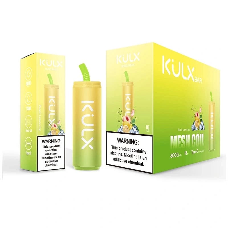 Envase de vapeo KULX amarillo-verde con bobina de malla, con sabor a melocotón helado de limón y etiqueta de advertencia de adicción a la nicotina.