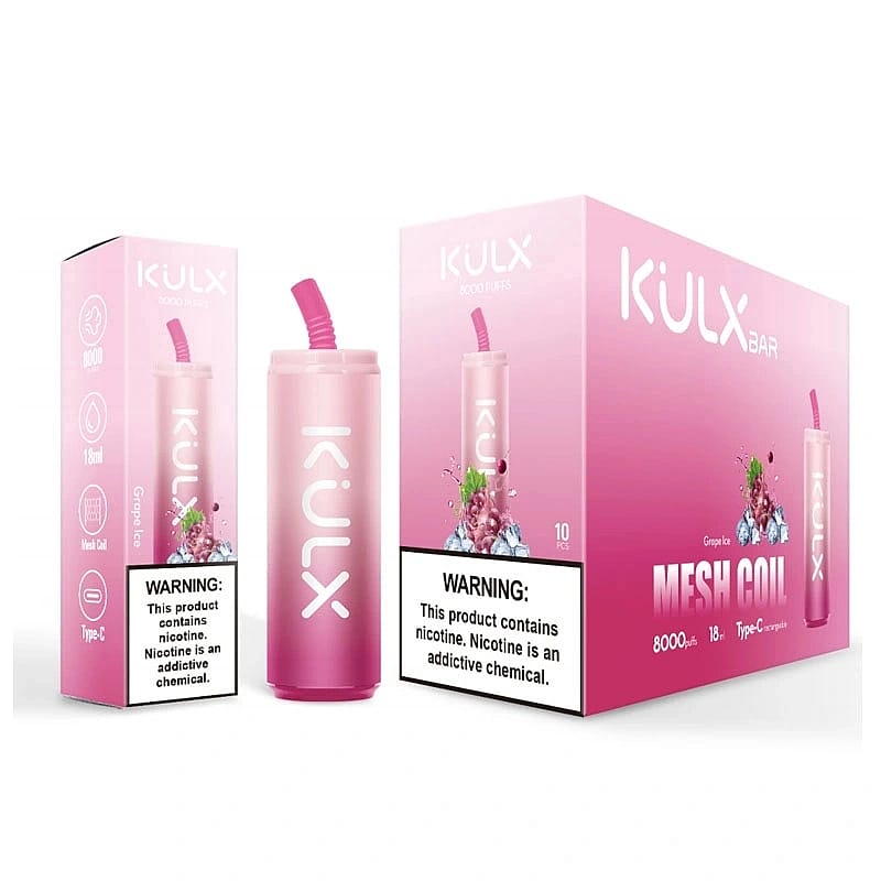 Dispositivo de vapeo desechable rosa y su envase con la marca "KULX", etiquetado "Grape Ice", y una advertencia que dice "Este producto contiene nicotina. La nicotina es una sustancia química adictiva".