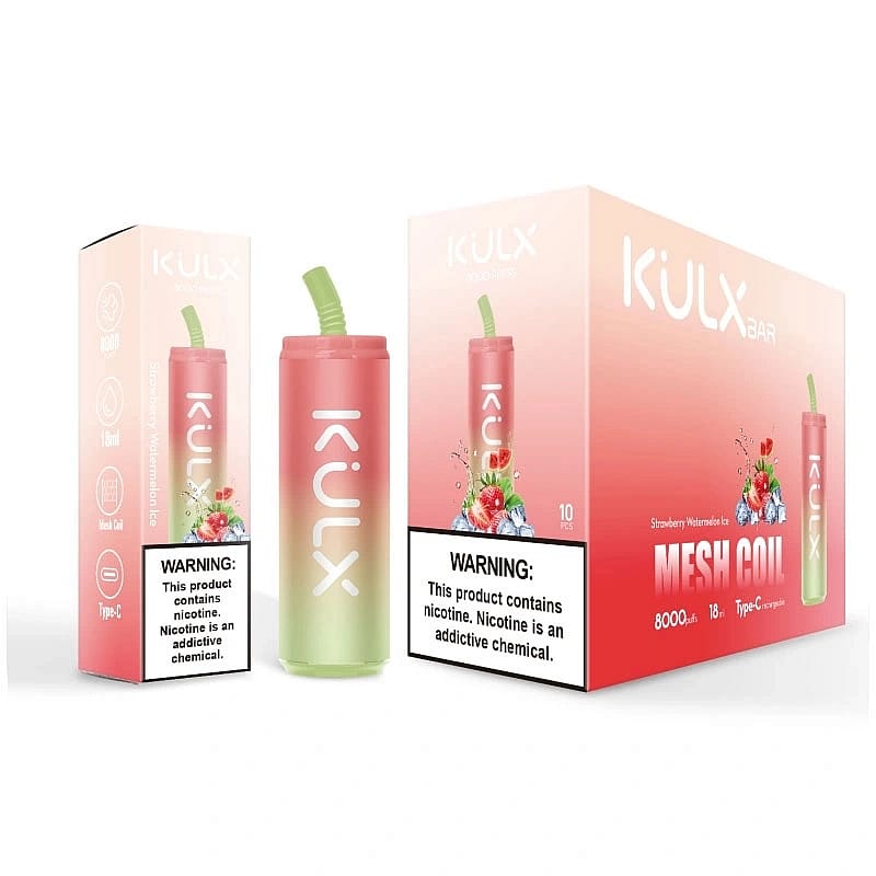 Envase desechable para vapear KÜLX Bar en sabor Fresa Sandía Helada, con imágenes del producto y etiquetas de advertencia sobre la nicotina.