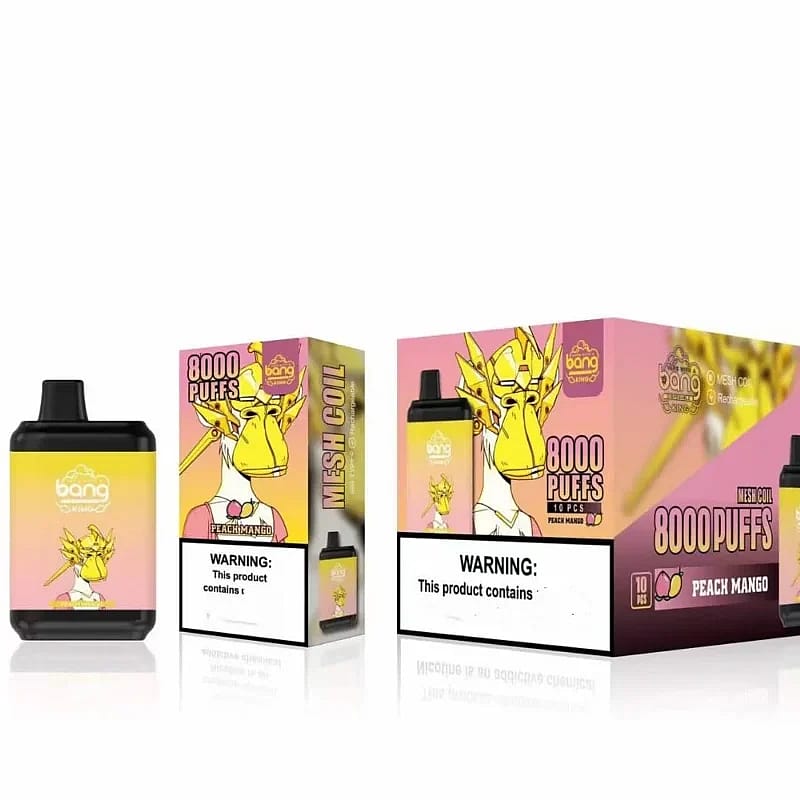 Confezione e dispositivo per vaporizzatore monouso "Bang 8000 Puffs" al gusto di pesca e mango, raffigurante un drago sulla scatola.