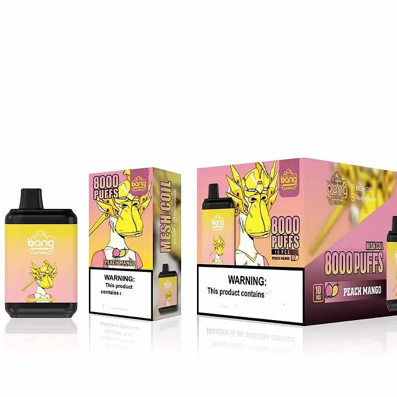 Förpackning och en enhet för en "Bang 8000 Puffs" engångsvape i persika mangosmak, med en drakaraktär på lådorna.