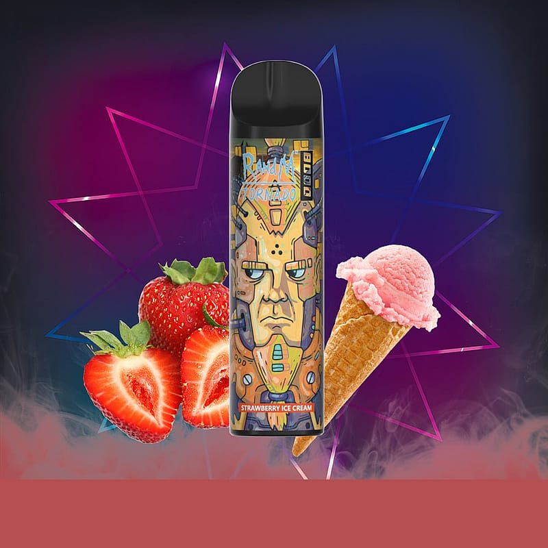 Un dispositivo per svapare dal design vivace e futuristico, caratterizzato da un motivo che ricorda un volto, delle fragole e un cono gelato alla fragola, il tutto su uno sfondo scuro e colorato.