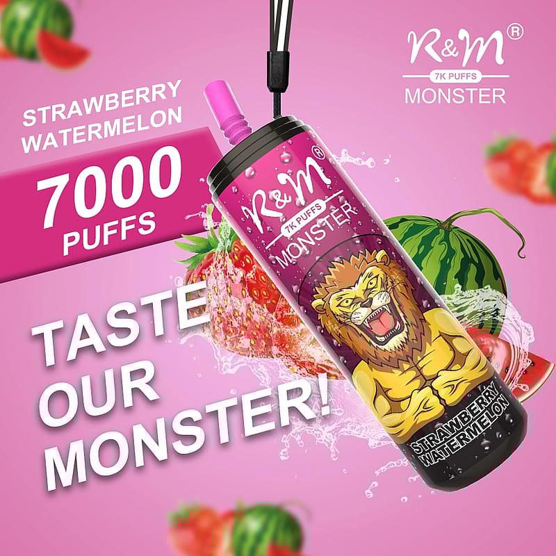 Dispositivo per svapare R&M Monster con 7.000 boccate, aroma di fragola e anguria e immagine di un leone sulla confezione.