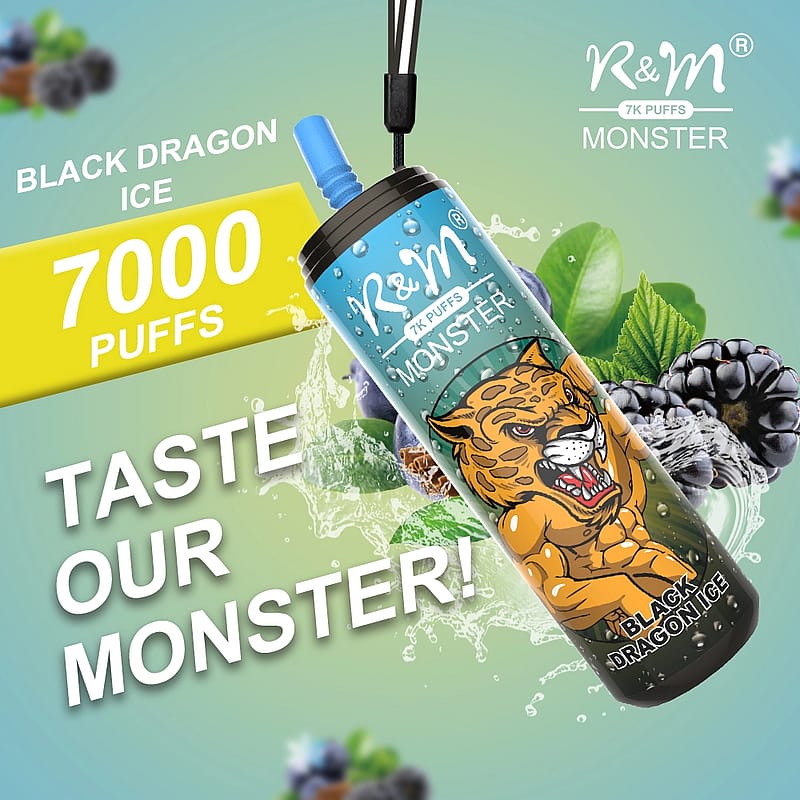 Dispositivo per svapare R&M Monster con aroma "Black Dragon Ice", caratterizzato da una grafica leopardata e dalla scritta "7000 puffs" e "Taste our Monster!"
