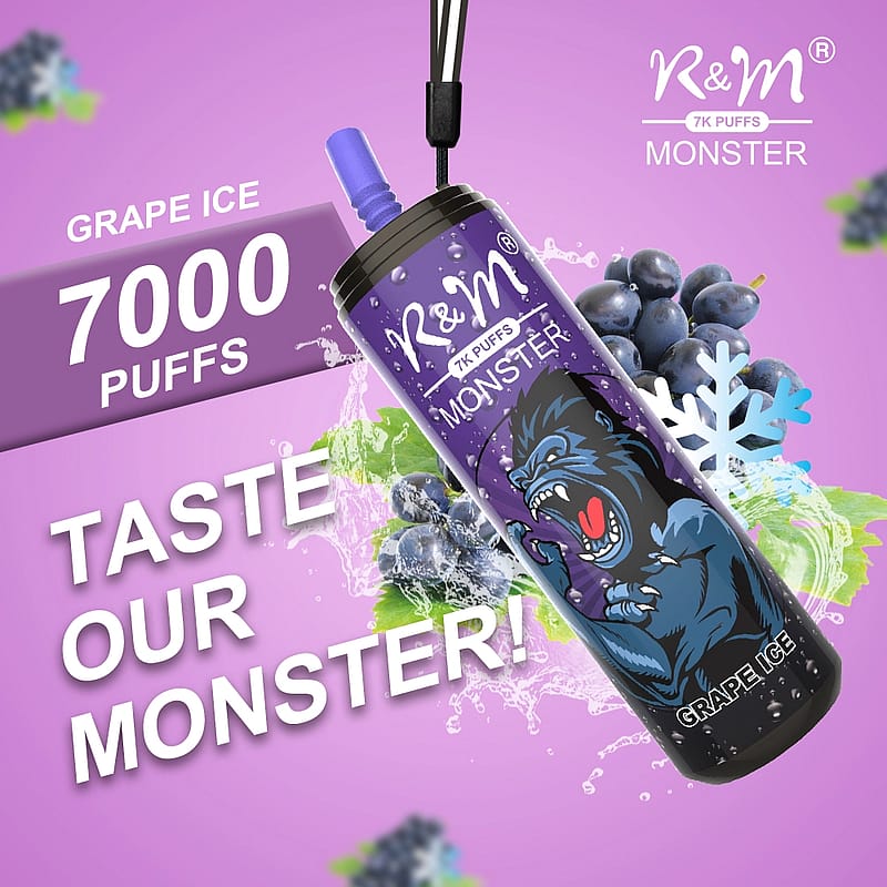 Dispositivo per svapare al gusto di uva, con 7000 boccate, caratterizzato da un disegno di un gorilla su sfondo viola e dalla scritta "Taste Our Monster!"