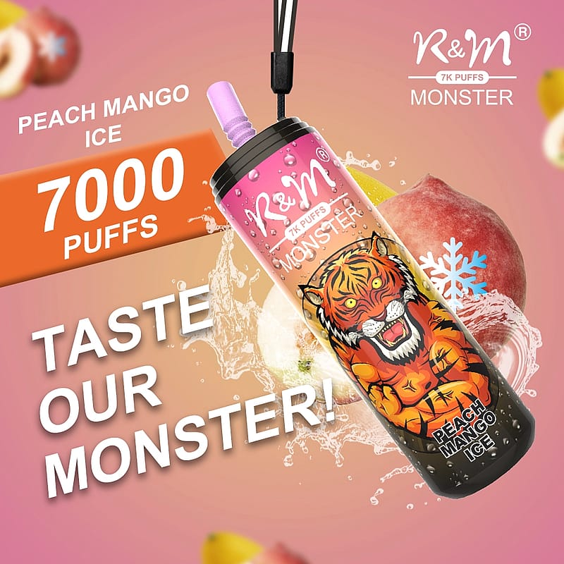 Un dispositivo per svapare colorato con l'etichetta "R&M Monster", raffigurante una tigre ruggente e che promuove 7.000 boccate di sapore "Peach Mango Ice".