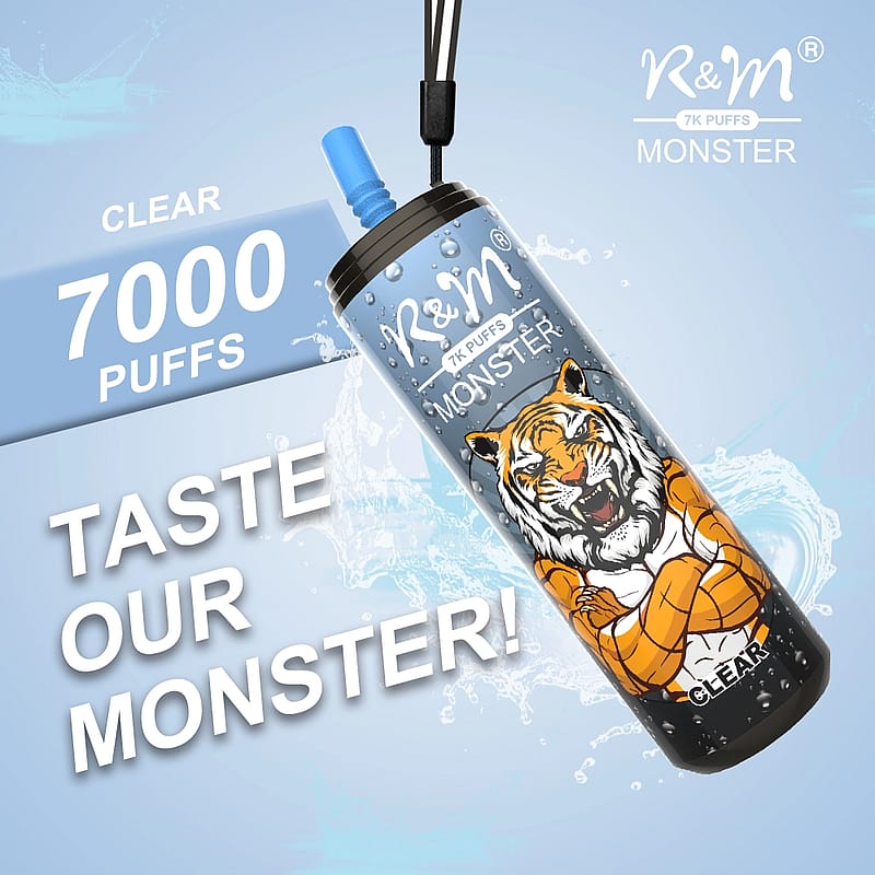 Dispositivo per svapare R&M Monster con la scritta "7000 puffs", raffigurante una muscolosa tigre dei cartoni animati sull'etichetta e la frase "Taste Our Monster!"