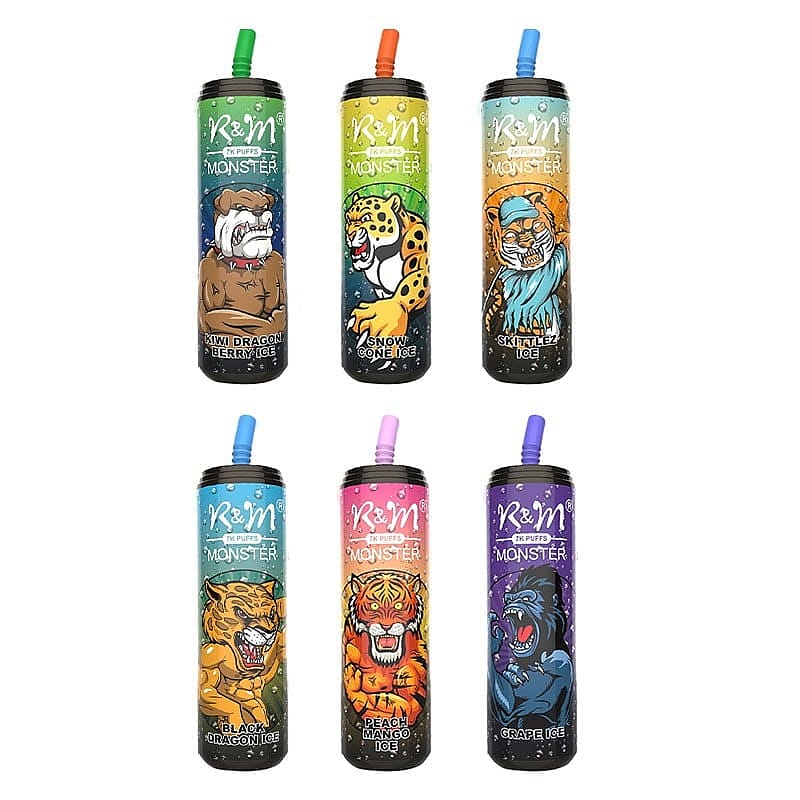 Sei penne per svapare colorate con disegni di animali illustrati sulle etichette, ciascuna corrispondente a un gusto diverso, come "Kiwi Dragon Berry Ice", "Snow Cone Ice", "Skittlz Ice", "Black Dragon Ice", "Peach Mango Ice" e "Grape Ice".