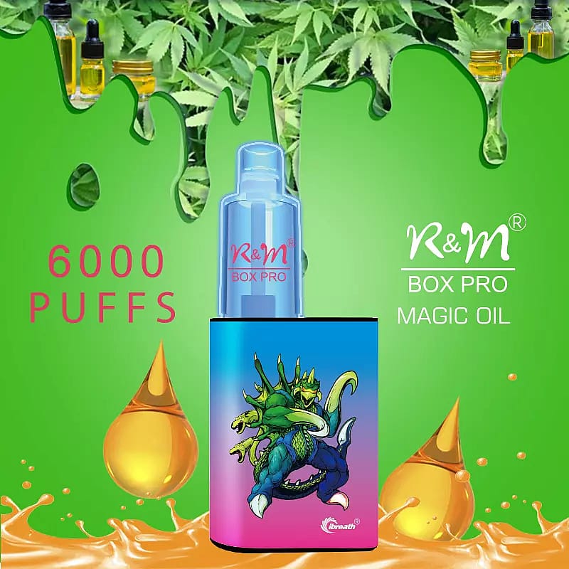 Dispositivo di svapo R&M Box Pro con 6000 boccate, caratterizzato da un design colorato con un drago e uno sfondo di foglie di cannabis e goccioline di olio.