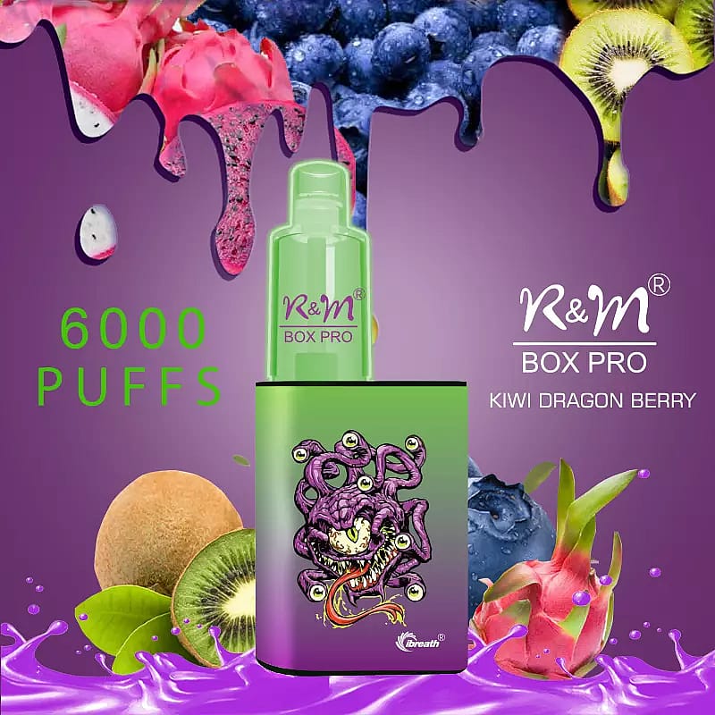 Vaporizzatore usa e getta R&M Box Pro con aroma "Kiwi Dragon Berry", 6000 boccate, caratterizzato da un design verde e viola con la grafica di un mostro dei cartoni animati, circondato da immagini di kiwi, frutto del drago e mirtilli.