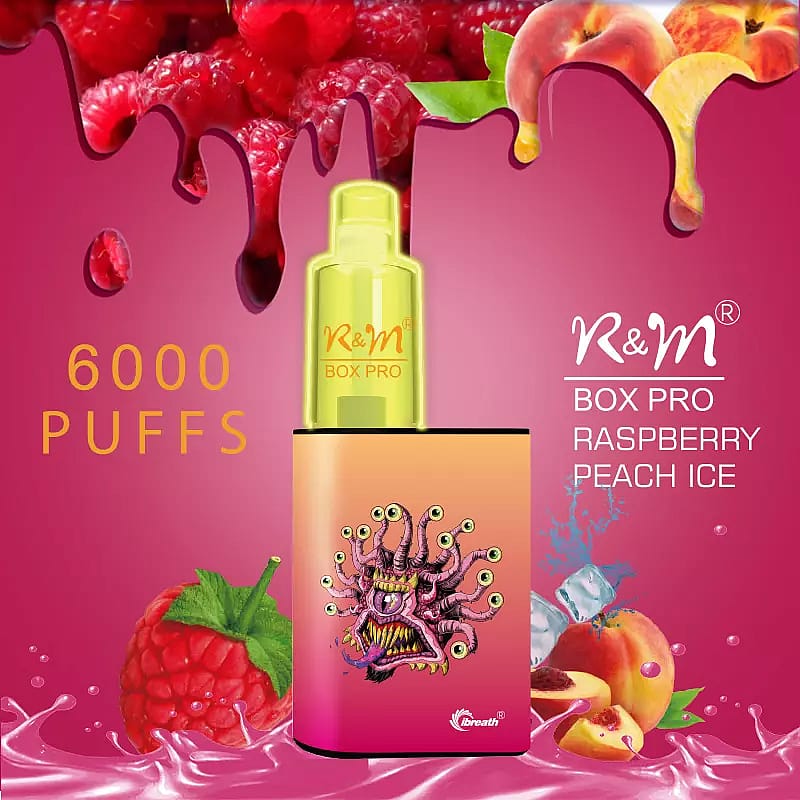 Vaporizzatore R&M Box Pro da 6000 boccate, aroma Raspberry Peach Ice, caratterizzato da un colorato disegno di un mostro e immagini di frutta sullo sfondo.