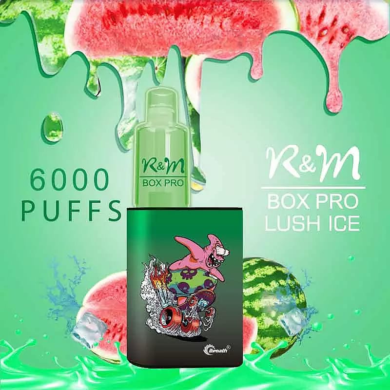 Dispositivo di svapo monouso R&M Box Pro Lush Ice con 6000 boccate, caratterizzato da un design verde con un personaggio dei cartoni animati e un'anguria sullo sfondo.