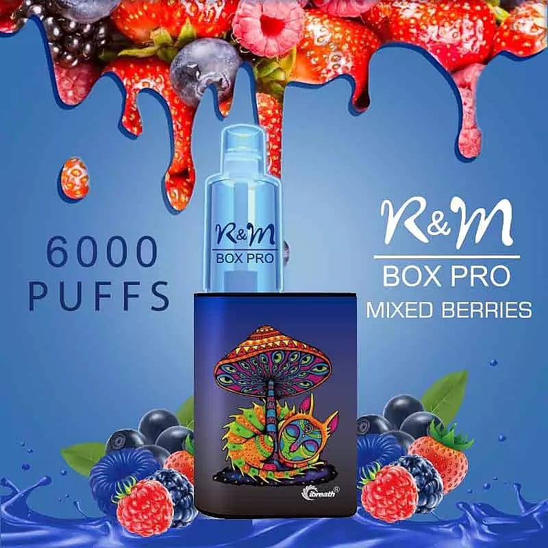 Dispositivo per svapare R&M Box Pro con scritta "6000 puffs", aroma di frutti di bosco misti e un colorato design a forma di fungo psichedelico.