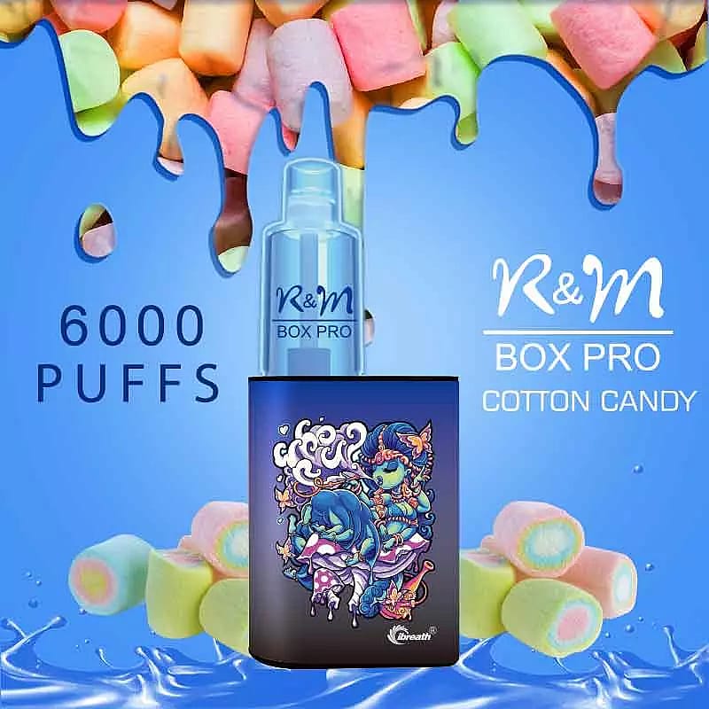 Vaporizzatore R&M Box Pro con 6000 boccate, aroma zucchero filato, caratterizzato da una grafica colorata sul dispositivo.