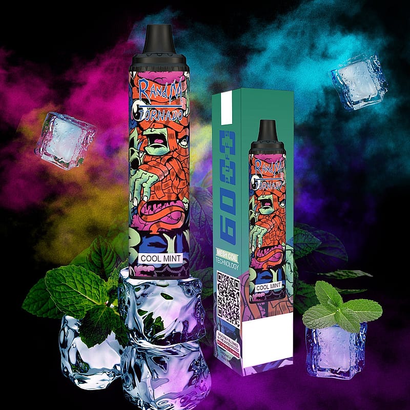En färgglad vapepenna med en "Randy Tornado"-design med en seriefigur, märkt "Cool Mint". Pennan visas med isbitar och myntablad, tillsammans med dess förpackning.