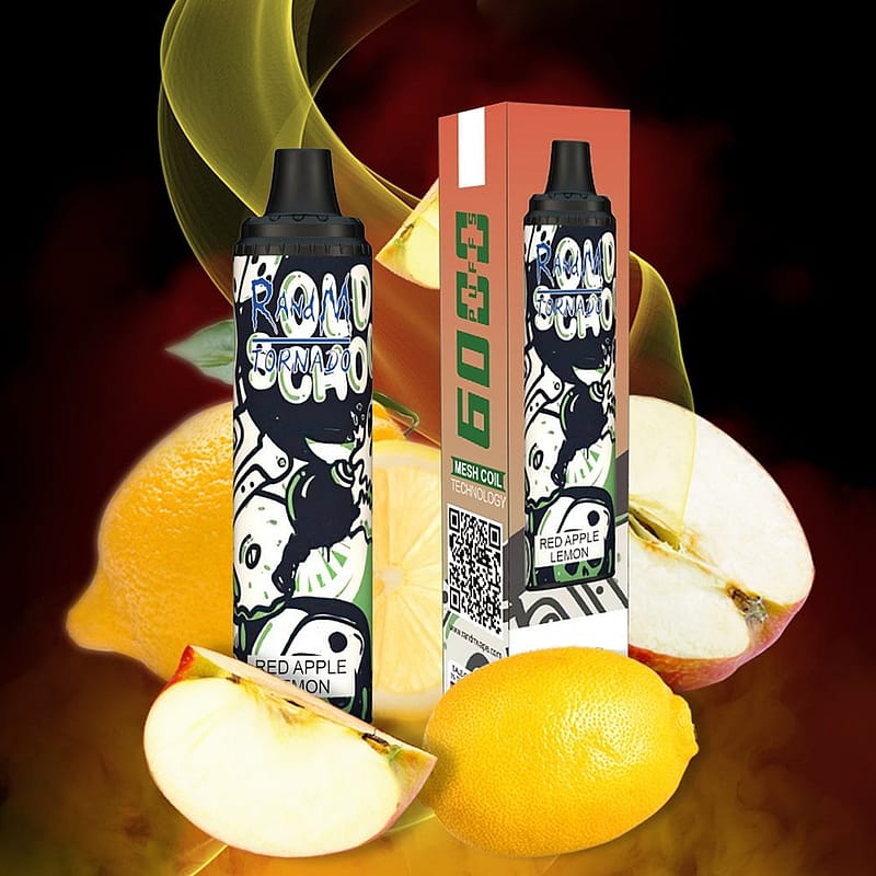 Röd äpple citron smaksatt engångsvape med färgglad förpackning och mesh coil-teknik, som visas tillsammans med skivat äpple och citron.