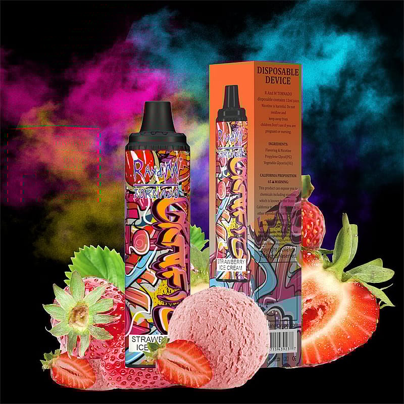 En färgstark vapeapparat för engångsbruk med graffiti-stil, märkt "R and M Tornado" och "Strawberry Ice Cream", placerad bredvid jordgubbar och jordgubbsglass på en livfull bakgrund.
