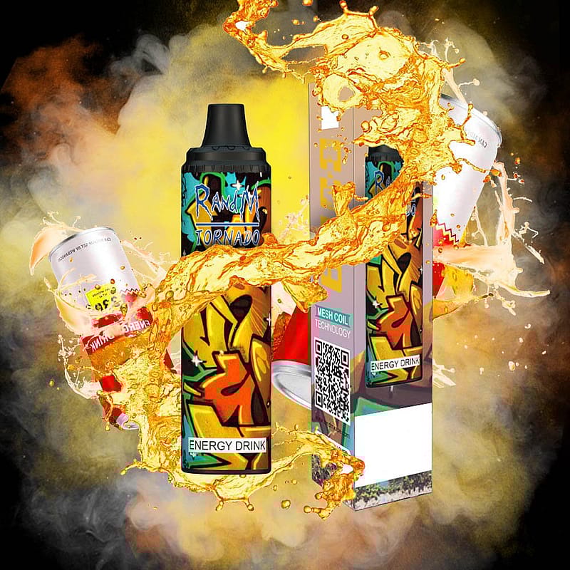 En färgglad vape-enhet med "Energy Drink"-smakmärke, omgiven av stänk av vätska och en energidrycksburk, mot en rökig, dynamisk bakgrund.
