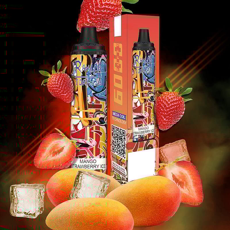 Engångsvape med issmak med mangojordgubbar med färgglad förpackning, omgiven av bilder av jordgubbar, mango och isbitar.
