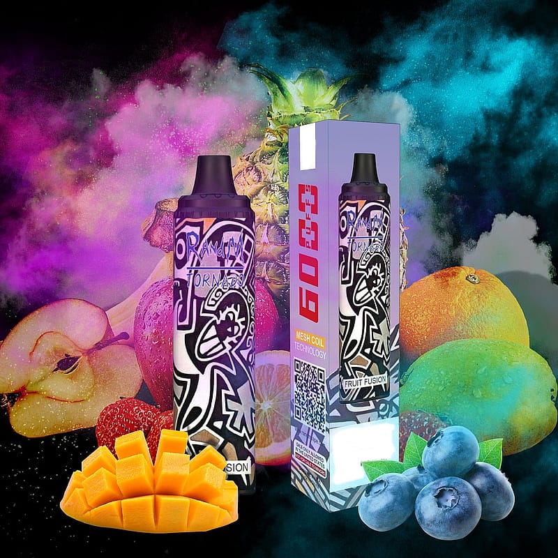 En vape-enhet och dess förpackning med färgglad graffiti-stil visas mot en bakgrund av livfull frukt och rökiga moln.