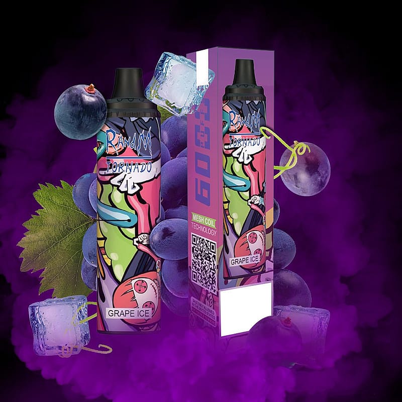 En färgglad engångsvape märkt "Grape Ice" med en tecknad design, omgiven av vindruvor, isbitar och lila ånga.