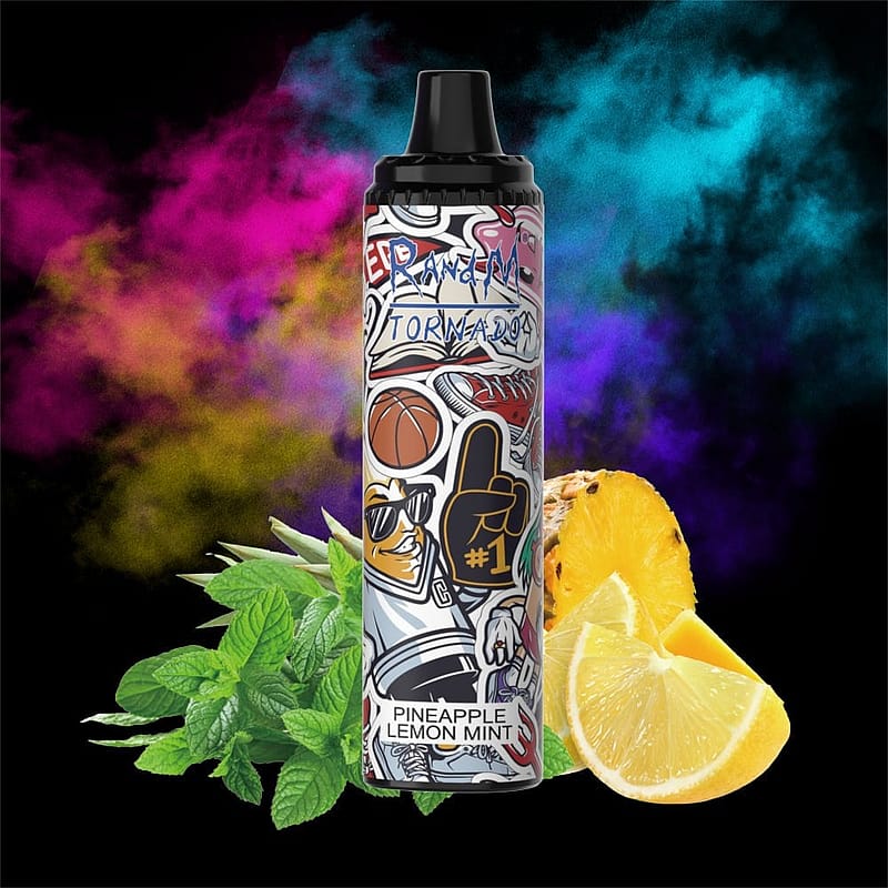 En färgstark vapepenna för engångsbruk med smak av ananas, citron och mynta, dekorerad med olika illustrationer i graffitistil, visas mot en bakgrund av livlig rök med myntablad, en citronklyfta och en ananasskiva i förgrunden.