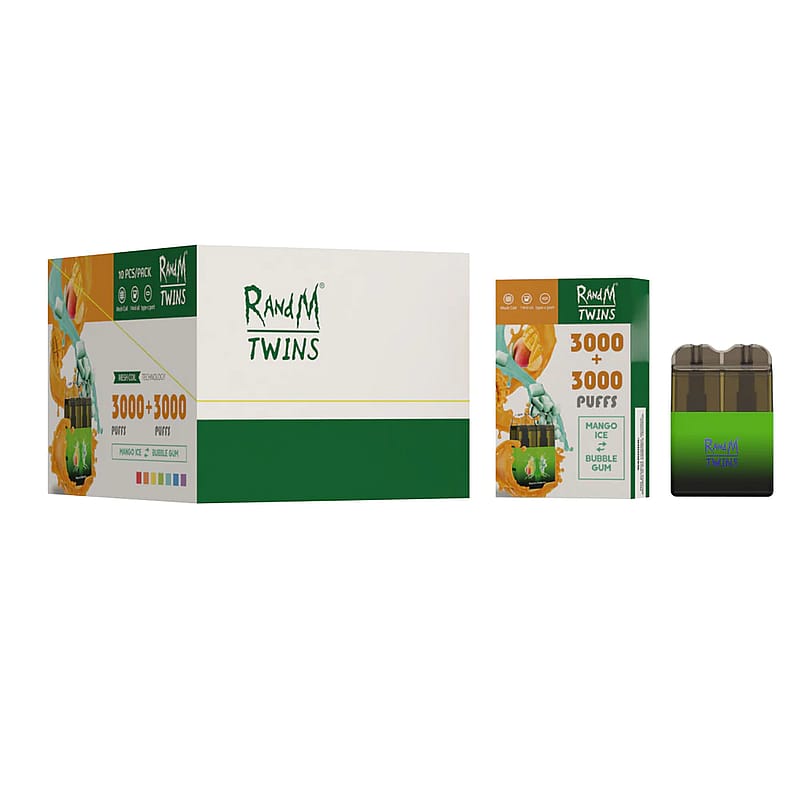 Se muestra el embalaje y el dispositivo del vaporizador RandM Twins con "3000 + 3000 bocanadas" y sabor "Mango Ice & Bubble Gum".